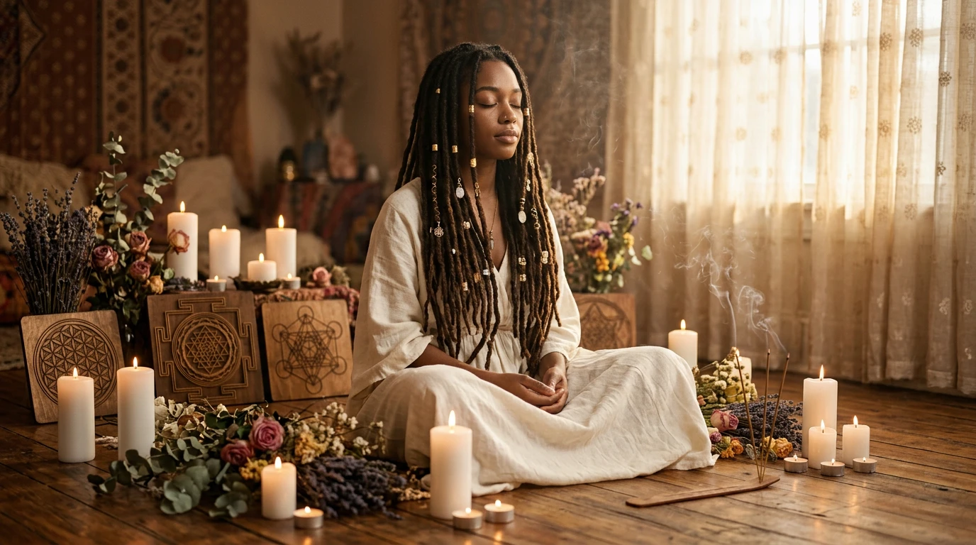 Femme aux locks méditant, symbolisant la spiritualité et la connexion intérieure
