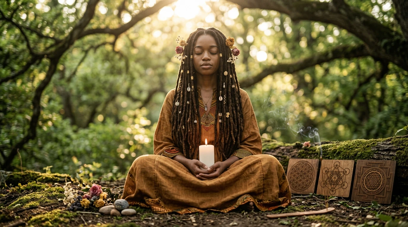 Femme aux locks méditant, symbolisant la puissance spirituelle et l’éveil intérieur
