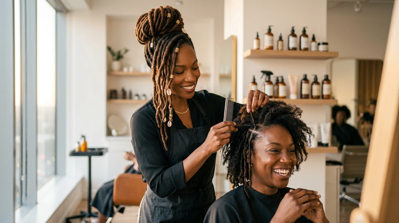 Femme portant des locks naturelles dans un environnement professionnel et moderne