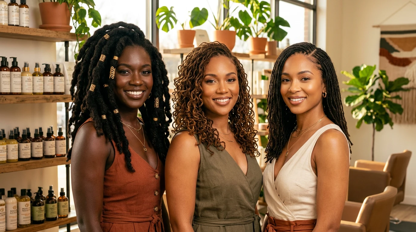 Femme souriante portant des locks naturelles adaptées à sa texture de cheveux