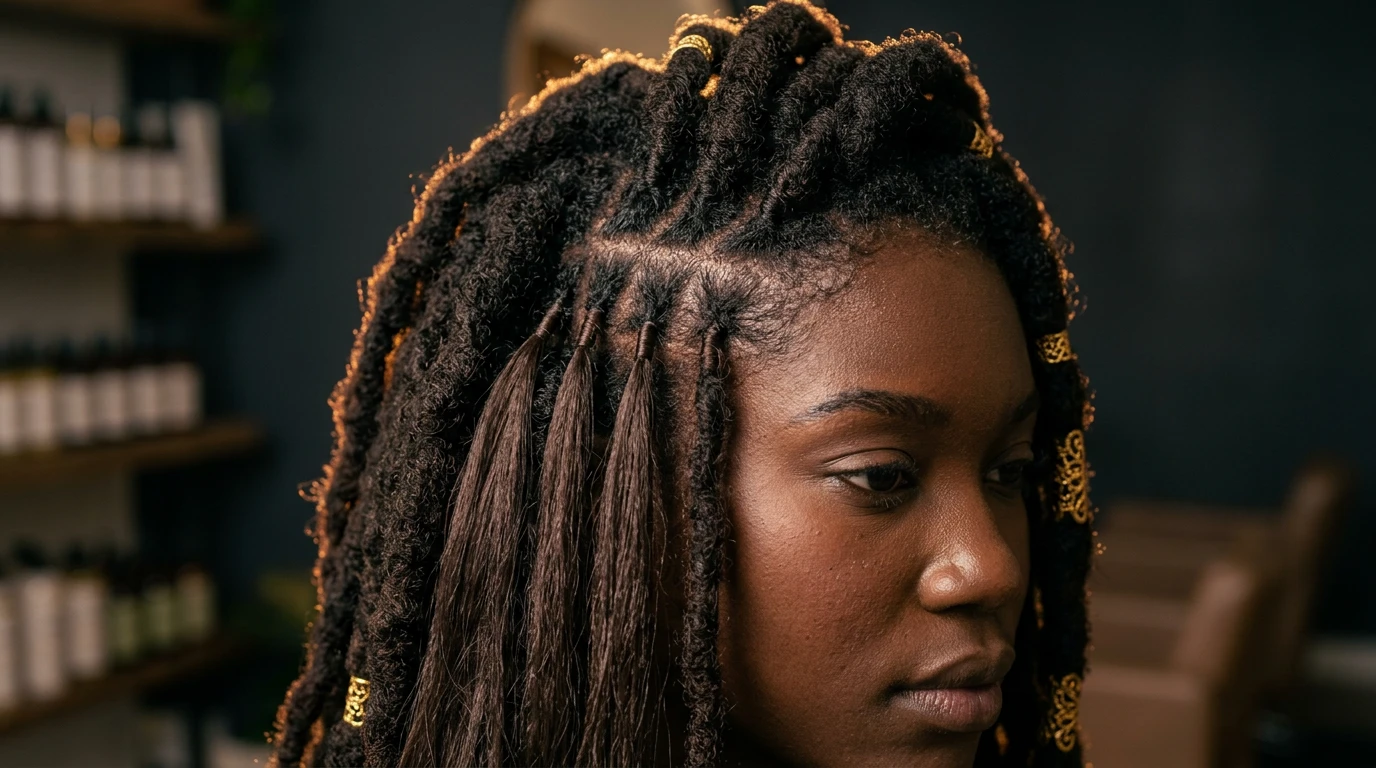 Femme portant des extensions de locks synthétiques avec attention portée au cuir chevelu