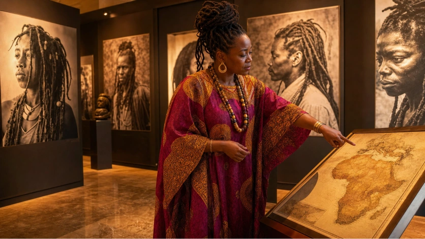 Formatrice en tenue africaine présentant l’histoire des locks devant une ancienne carte de l’Afrique dans un musée.